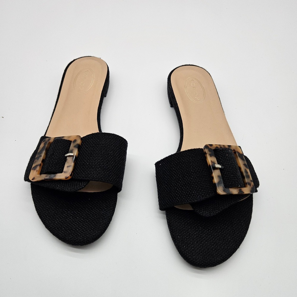 Scoop Black Linen Slide Sandals Women's Size 9.5 Tortoise Buckle Flat Mules‎